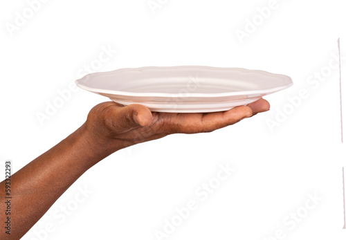 Human hand holding an empty white plate isolated on white or transparent background