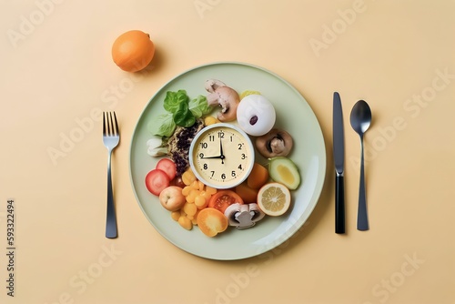 Empty white plate on a trendy yellow background with a clock made of healthy food on it. ai generated.