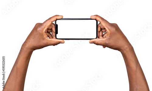 Holding smart phone with blank screen isolated on transparent or white background 