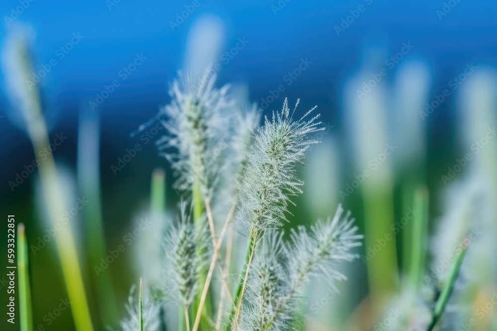 Grass and a blue sky in the spring or summer may be seen in the abstract nature backdrop. Generative AI