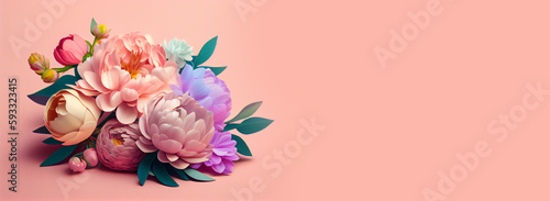 Spring peony flowers on pink pastel background top view in flat lay style. Greeting for Womens or Mothers Day or Spring Sale Banner. Generative Ai. © ckybe