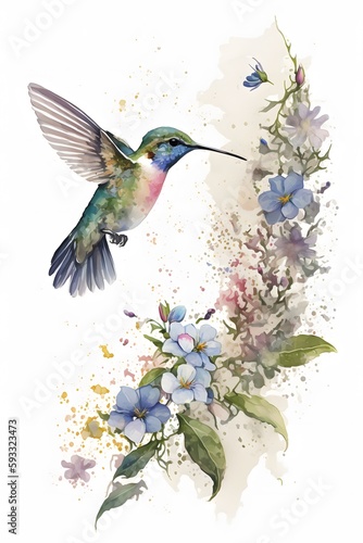 Fototapeta Naklejka Na Ścianę i Meble -  hummingbird and flowers watercolor art generative ai