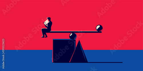 Various geometric shapes in an abstract style and a person reading a phone or electronic device.