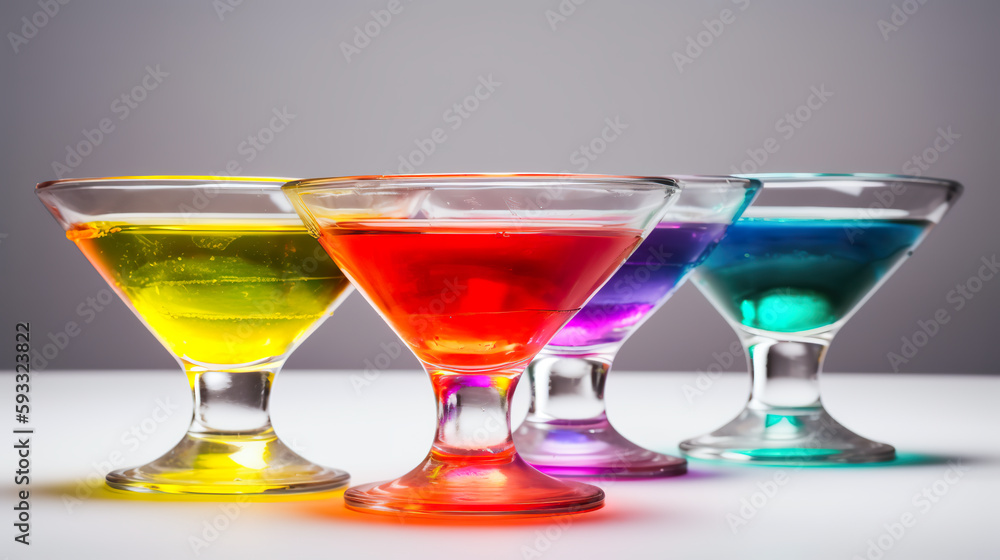 Rainbow display, various cocktails or mochtails in transparent glasses, AI generative Rainbow display, various cocktails or mochtails in transparent glasses, AI generative