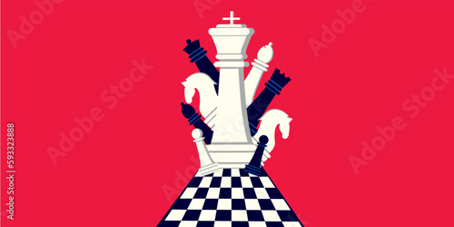 Chess pieces on a chessboard in a creative style on a red background.