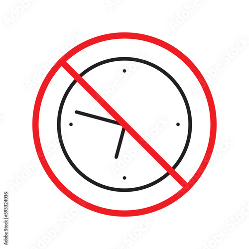 Prohibited clock vector icon. No clock flat sign design. Forbidden clock icon. Warning, caution, attention, restriction, danger label ban symbol pictogram