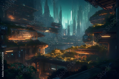 cyberpunk cityscape with futuristic floating gardens, where neon-lit skyscrapers and advanced technology coexist with lush greenery and vibrant plant life. generative ai.