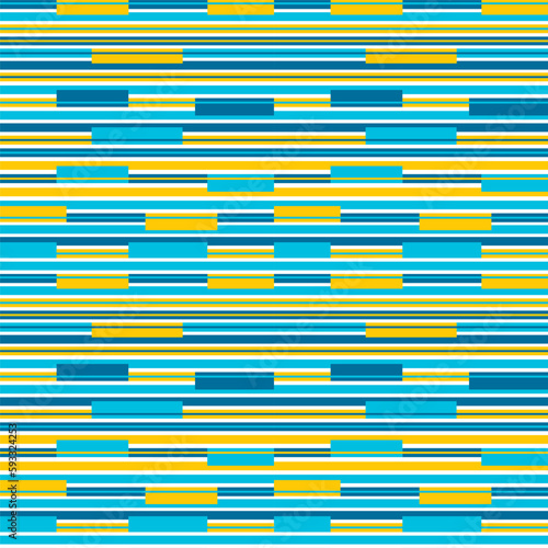 Seamless pattern from blue and yellow horizontal stripes on white background. Vector geometric psychodelic illustration