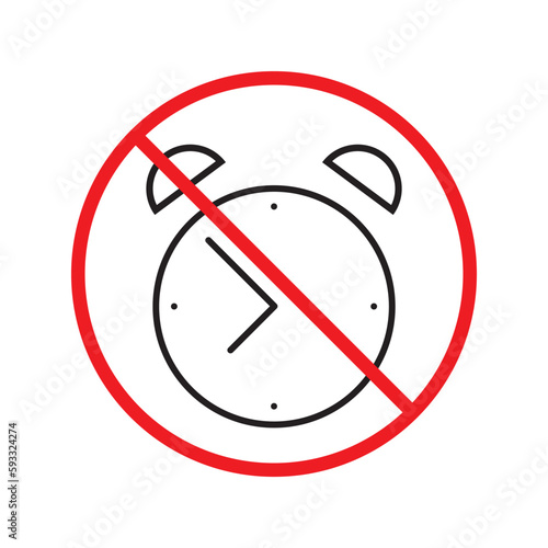 Prohibited clock vector icon. No clock flat sign design. Forbidden clock icon. Warning, caution, attention, restriction, danger label ban symbol pictogram