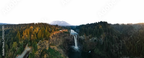 Drone shot of snoqualmie waterfall from Snoqualmie WA, USA photo