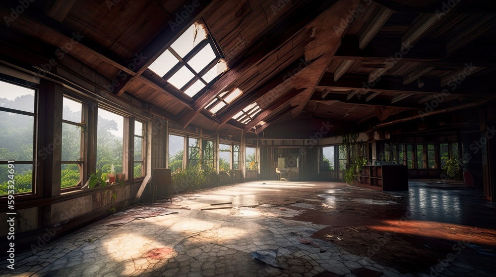 Old damaged resort interior, exotic plants, forest around, daylight coming through broken roof and damaged vindows, AI generative