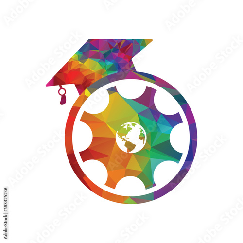 Graduation cap Gear and globe vector logo design. Education and learning logo concept.