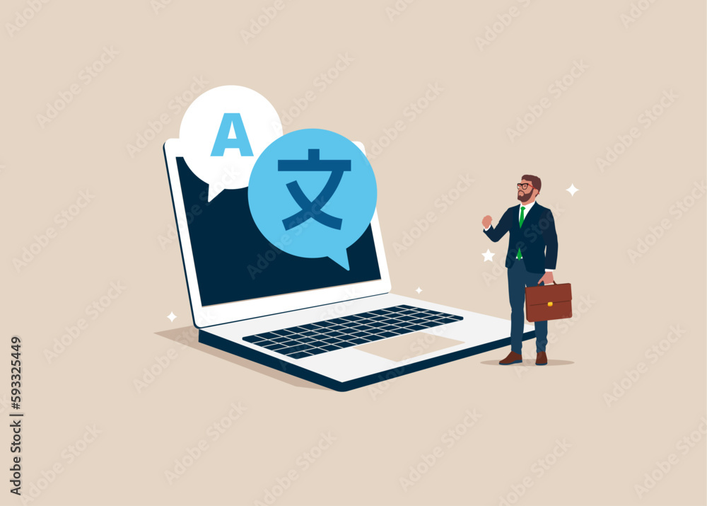 Online translator in app laptop. People multi language communication. Linguist. Modern vector illustration in flat style Online translator in app laptop. People multi language communication. Linguist. Modern vector illustration in flat style