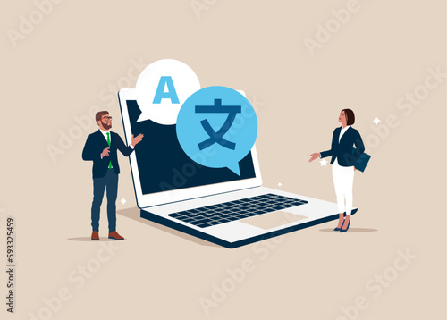 People multi language communication. Online translator in app laptop. Linguist. Flat vector