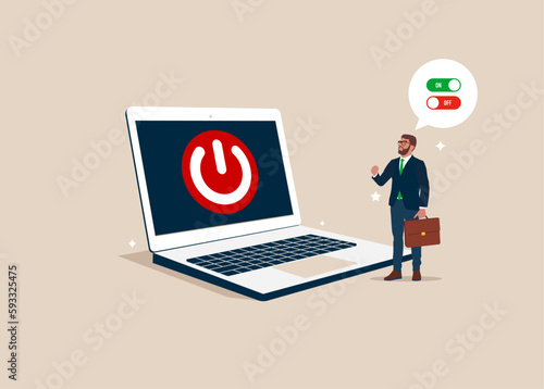 Businessman turning off and turning on devices. On Off button on laptop screen. Modern vector illustration in flat style