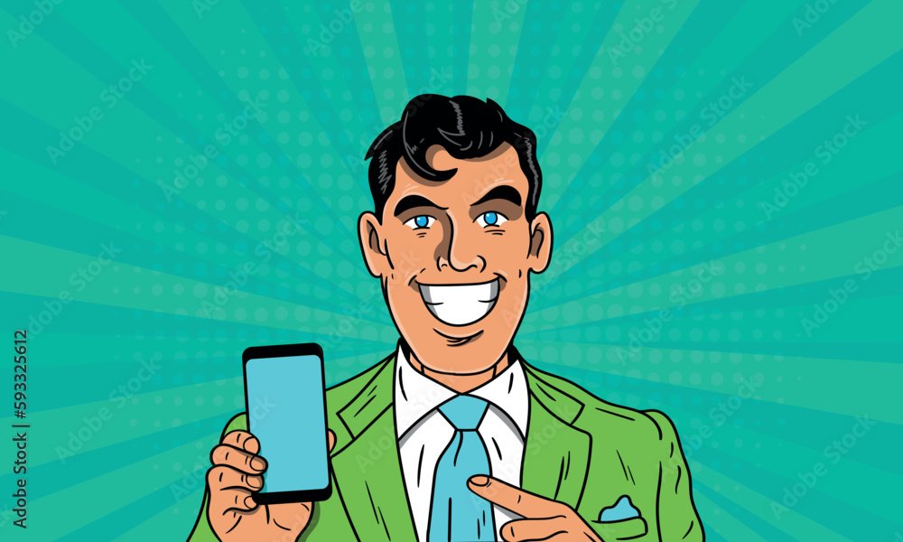 Attractive smiling man with a phone in his hand. Digital advertising male model showing message or new app on mobile phone. Pop art vector illustration in retro comic style Attractive smiling man with a phone in his hand. Digital advertising male model showing message or new app on mobile phone. Pop art vector illustration in retro comic style
