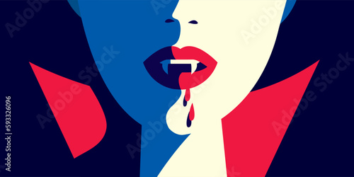 Close up of a vampire woman with fangs and dripping blood. Mythical character or evil.