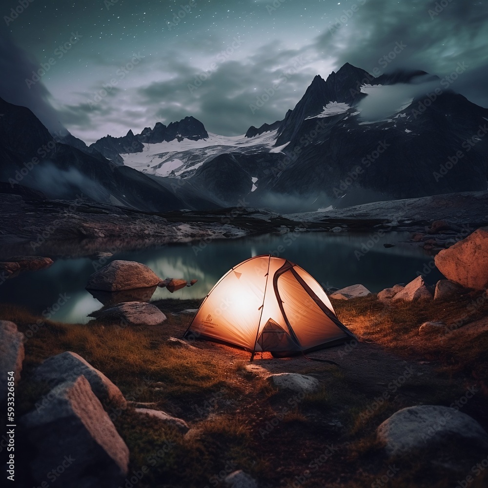 Camping in the high mountains at dusk by a lake