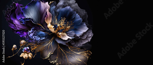 Fototapeta Naklejka Na Ścianę i Meble -  a wallpaper botanical flowers with one big flower for whole artwork flowing alcohol ink style bioluminescence navy blue background, white, gold, generative ai.