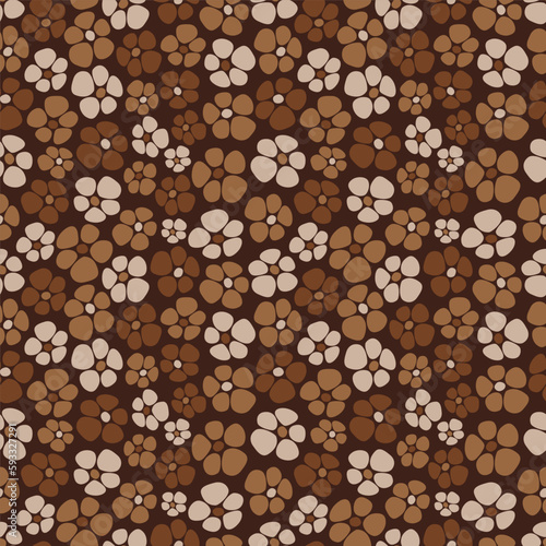 Seamless pattern from simple brown and beige flowers on dark background. Earth tone. Vector hand drawn doodle illustration