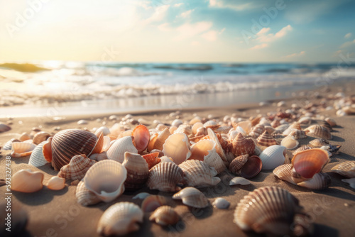 The beauty of seashells on a beach provides an ideal spot for coastal relaxation and vacation. The natural scenery and beauty of nature are captured in this landscape. AI Generative.