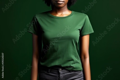 Black woman model wearing a plain green short sleeved t-shirt, isolated on a blank background. Mock-up, torso only. Generative AI illustration.