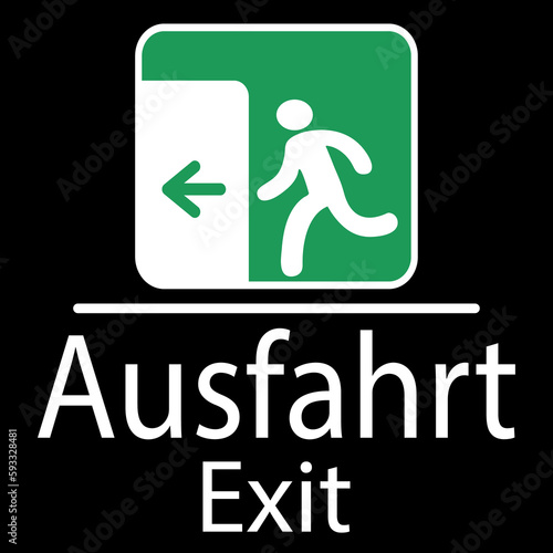 Plakat zur Kennzeichnung des Ausgangs in Deutsch und Englisch in Weiß mit einem Piktogramm eines weißen Zeichens in einem grünen Quadrat und einem grünen Pfeil nach links auf schwarzem Hintergrund photo