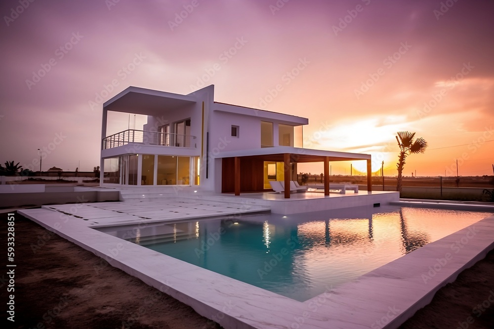 Fototapeta premium Modern house during sunset