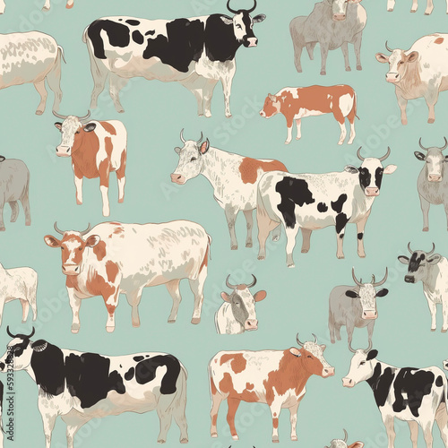 Cows Mint Green Country Pastoral Rural Rustic Farmhouse Homestead Southern Seamless Pattern Generative AI