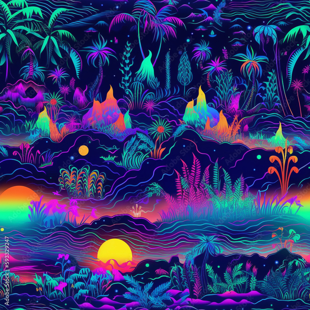Neon Tropical Paradise Fine Detail Night Colorful Seamless Pattern Generative AI