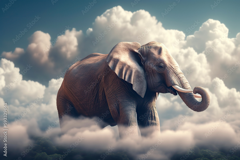 Elephant sitting on a cloud in the sky, Dreaming and aspirations concept. Generative AI