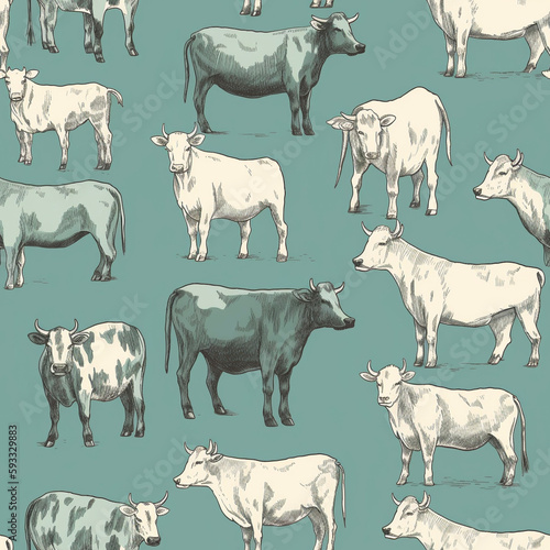 Cows Green Country Pastoral Rural Rustic Farmhouse Homestead Southern Seamless Pattern Generative AI