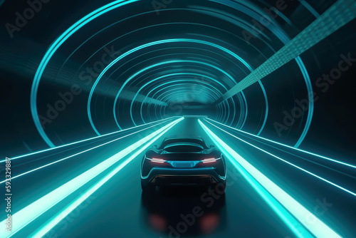 Futuristic car driving in a tunnel - Generative AI