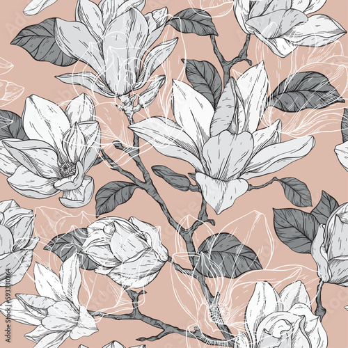 Seamless pattern with magnolias, beige color