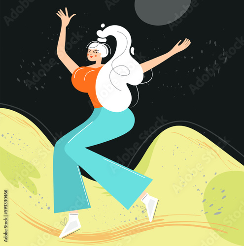 Happy dancing girl or woman in orange blouse. Vector illustration on a dark background in nature.