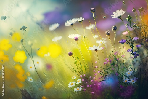 A Close-up of Colorful Spring Flower Meadow in a Bright Day - Generative AI  © RenZen