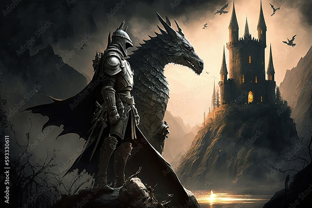 A Knight With His Dragon Companion Looking Into a Distant Gothic Castle - Generative AI
A Knight With His Dragon Companion Looking Into a Distant Gothic Castle - Generative AI