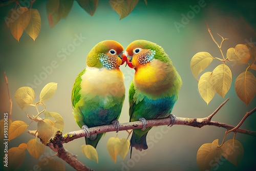 A Pair of Lovebirds on a Branch in Nature - Generative AI 