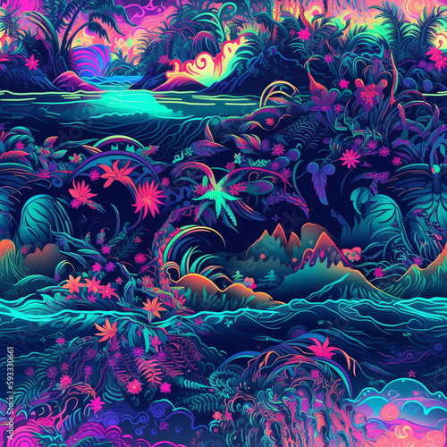 Neon Tropical Paradise Fine Detail Night Colorful Seamless Pattern Generative AI