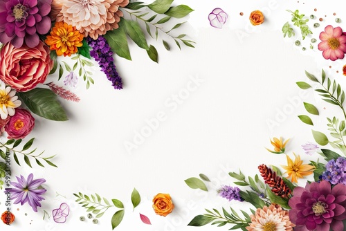 Colorful Flowers Border on a White Background - Generative AI 