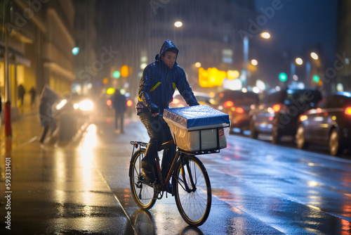 Delivery Man on Bike with Food Box cycling in town in snow, AI Generative © Friedbert