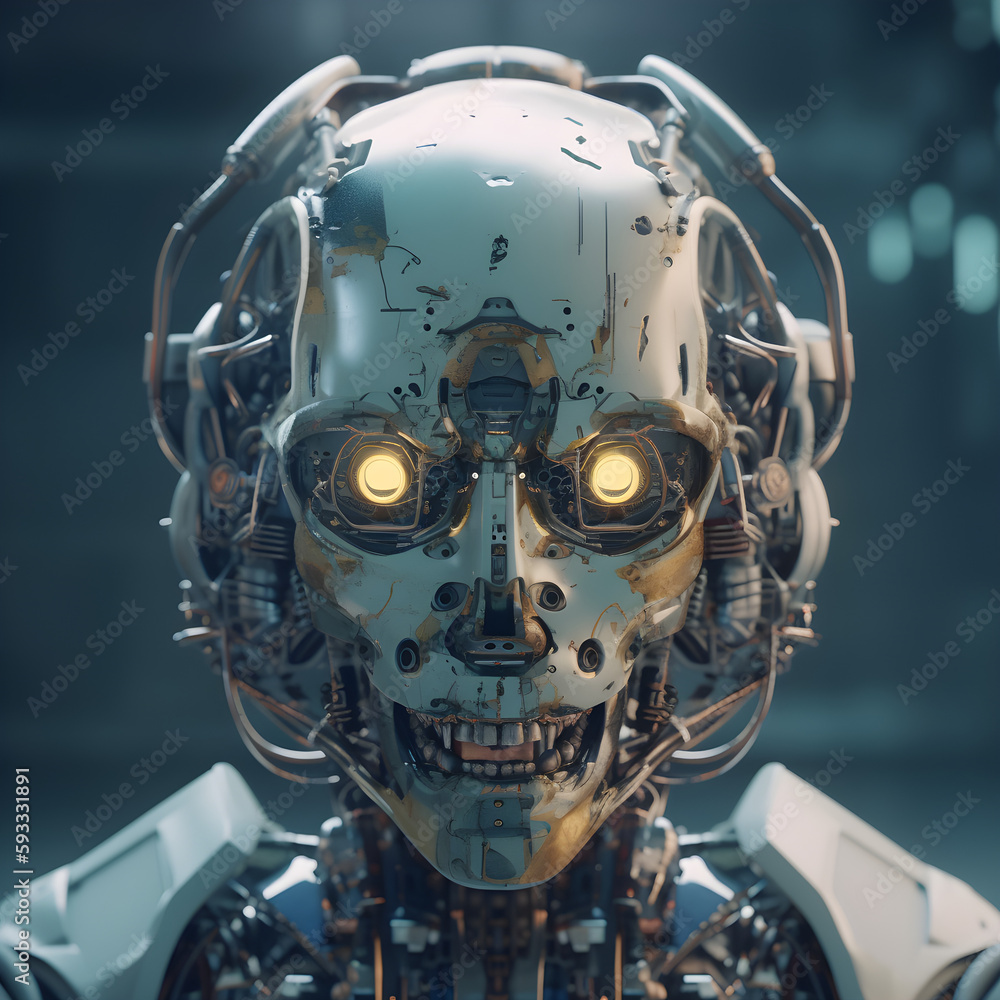 Fototapeta premium Cybernetic Sentience: Stunning 8K Animation of a Robot's Technical Face Amid Dangerous Tech