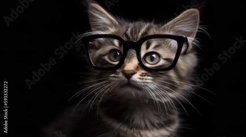 Kitten, wearing glasses, looking straight ahead with a cocky face, dark gray background