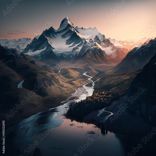 A detailed image of a majestic winter mountain with a small stream is a breathtaking sight, with snow-capped peaks, icy water flowing gently and a peaceful ambiance. Generative Ai