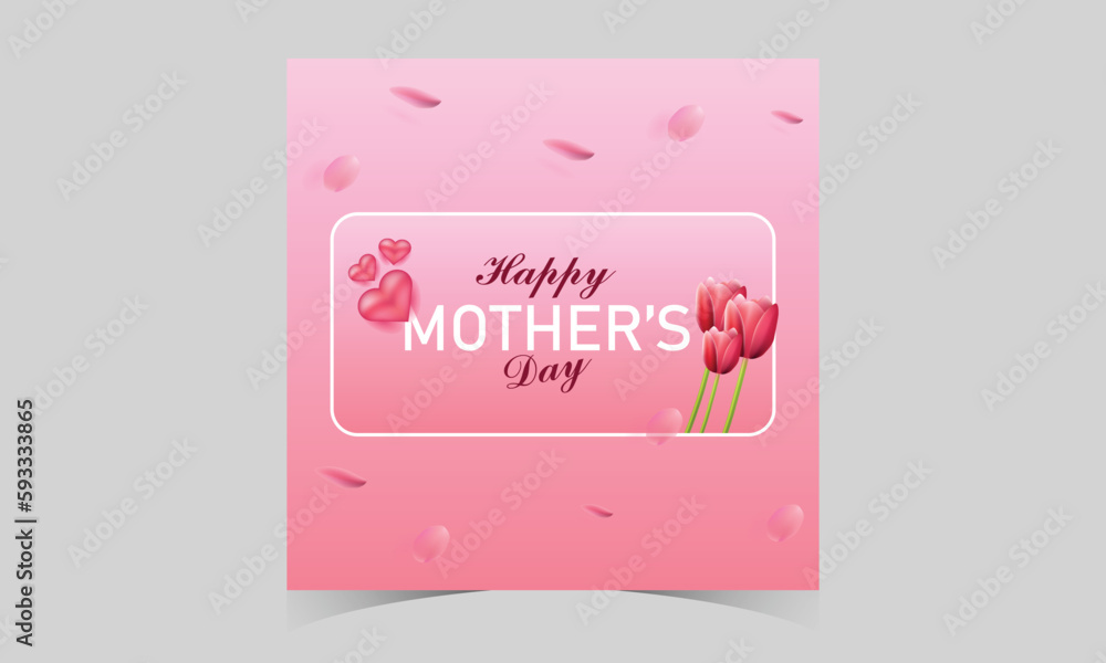 Happy Mother's Day social media post template. Mother's Day social media banner. Mom Day greeting card. Happy Mother Love sign with heart and flowers. flying pink paper hearts. mom love background