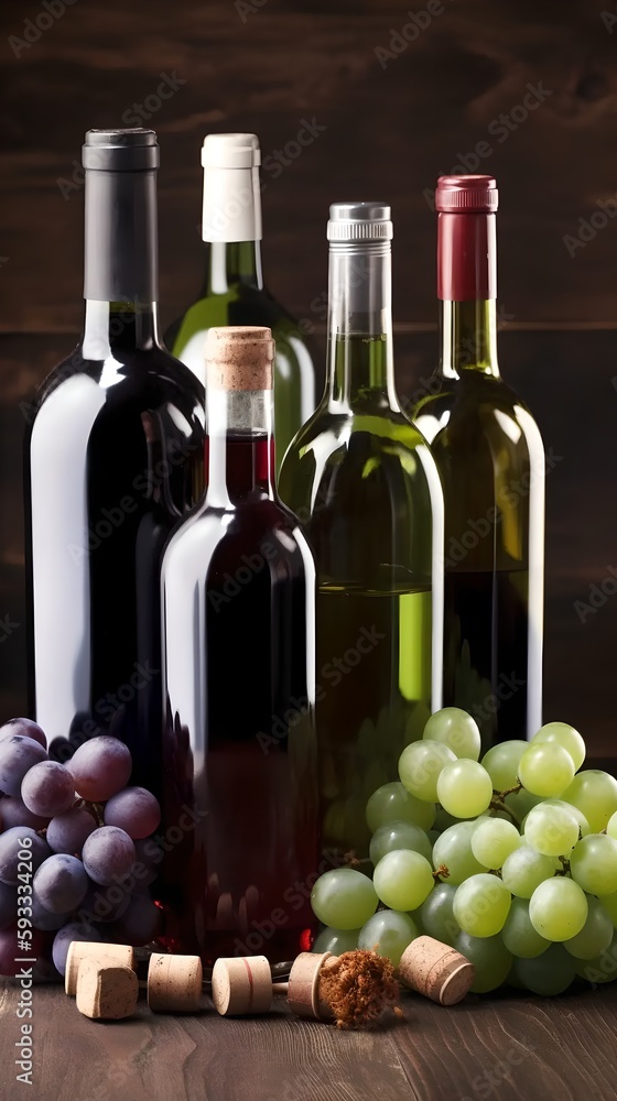 bottle, wine grapes glass on dark background