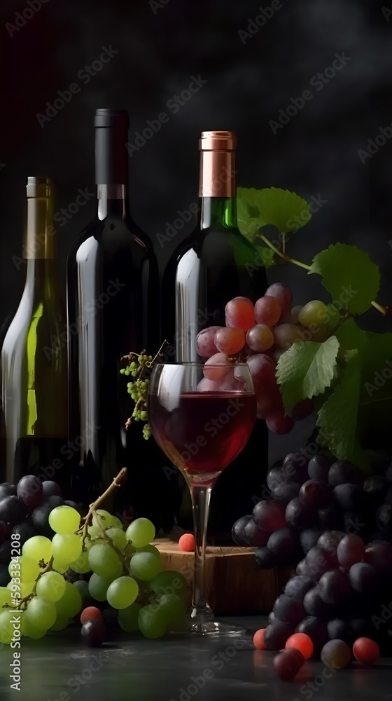 bottle, wine grapes glass on dark background