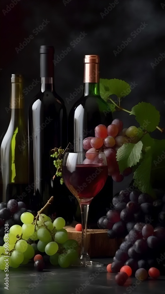 bottle, wine grapes glass on dark background bottle, wine grapes glass on dark background