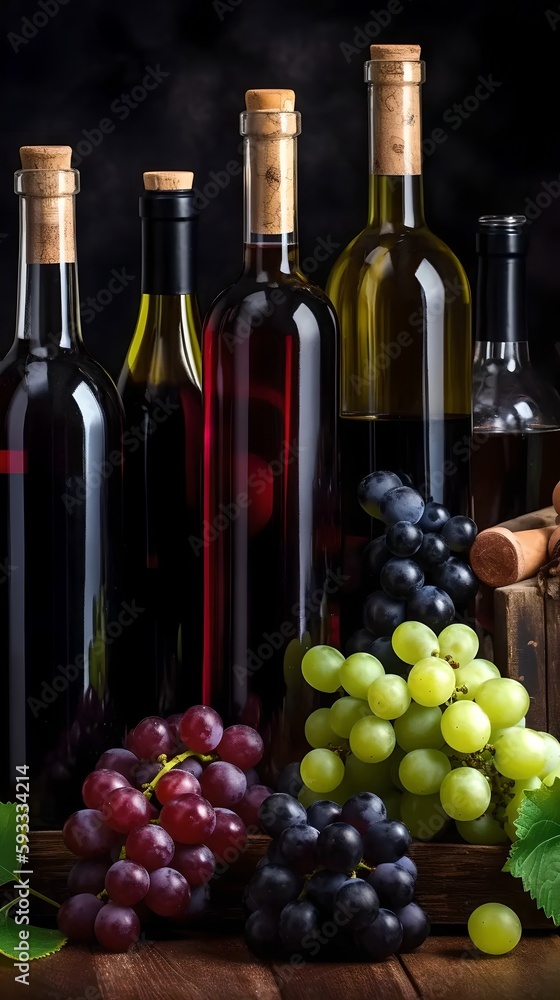 bottle, wine grapes glass on dark background