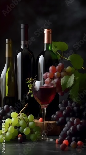 bottle, wine grapes glass on dark background